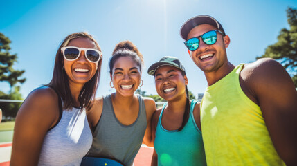 Happy friendly group of pickleball padel or tennis players, diverse young people doing outdoor sports activities
