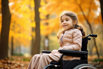 Young cute handicapped kid girl sitting in a wheelchair in a park with nature and trees in background and copy space
