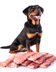 Fototapeta premium happy Dog and a lot of raw fresh meat in white studio, natural organic food for pets