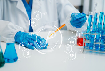 DNA molecule testing concepts. The doctor in a mask examines DNA molecules on the chemical...