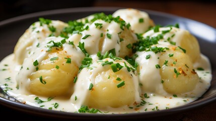 Fototapeta na wymiar A close-up of a plate of creamy potato dumplings