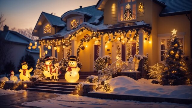 beautiful christmas decorations outside the house at night. house decorated with yellow lights