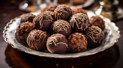 A plate of delectable chocolate truffles with a glossy finish - obrazy, fototapety, plakaty