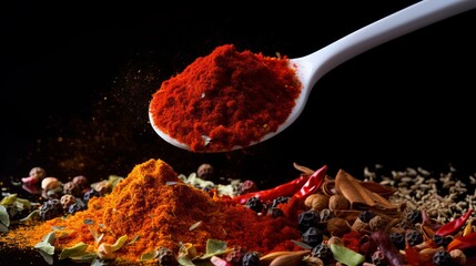 A spoonful of colorful spices airborne - obrazy, fototapety, plakaty