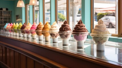 An ice cream parlor with a variety of flavors on display