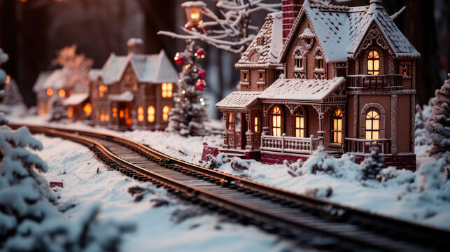 An illustration depicting a gingerbread train traveling on snow-covered rails through a village decorated in a festive theme. Generative AI