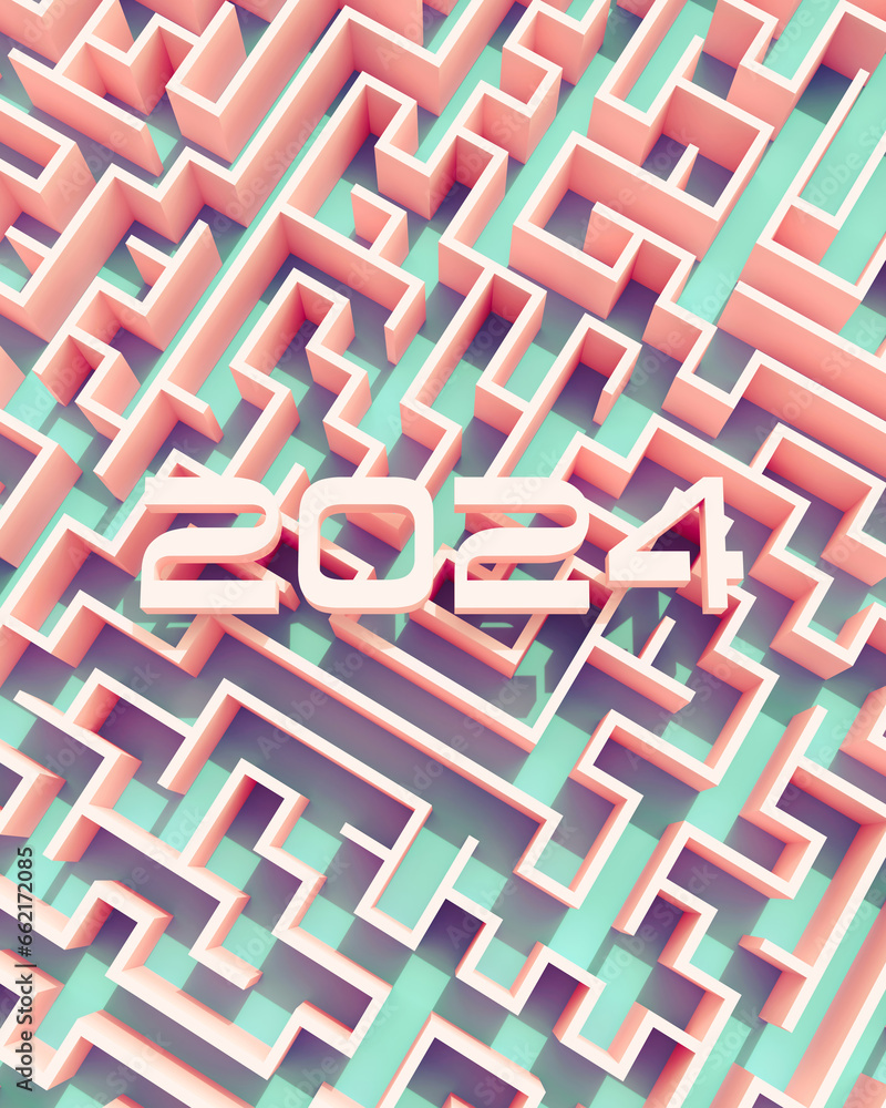 Poster futuristic pink turquoise 2024 typography with maze background bright chunky 3d typescript 3d illust