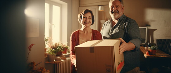 Happy couple, real estate and moving in new home with boxes for renovation, investment or relocation. Man and woman owner carrying box for property rent, mortgage loan or move together. Generative ai