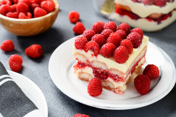 Summer tiramisu dessert with fresh raspberry and mascarpone cheese.	