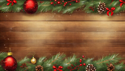 Fototapeta na wymiar Brown wooden board, decorated with pine cones, pine branches, red berries. Christmas background.