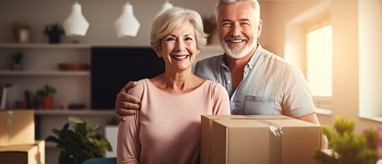 Happy couple, real estate and moving in new home with boxes for renovation, investment or relocation. Man and woman owner carrying box for property rent, mortgage loan or move together. Generative ai