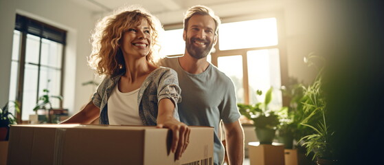 Happy couple, real estate and moving in new home with boxes for renovation, investment or relocation. Man and woman owner carrying box for property rent, mortgage loan or move together. Generative ai