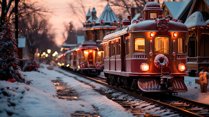 Obraz premium An illustration depicting a gingerbread train traveling on snow-covered rails through a village decorated in a festive theme. Generative AI