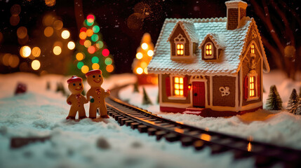 An illustration depicting a gingerbread train traveling on snow-covered rails through a village decorated in a festive theme. Generative AI