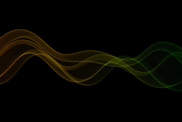 Abstract background of yellow-green horizontal lines, transparent wave design on black background