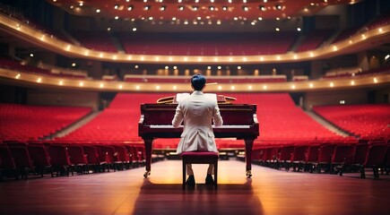 Man in white suit playing red piano in huge concert hall, musical background concept 