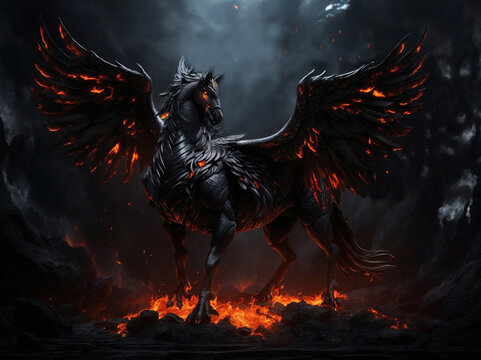Dark black pegasus, hell, ai generated
