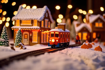 An illustration depicting a gingerbread train traveling on snow-covered rails through a village decorated in a festive theme. Generative AI
