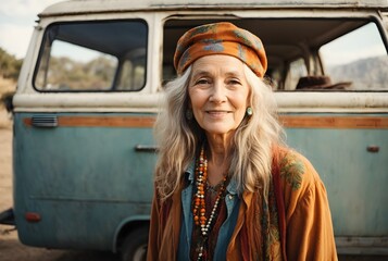 Portrait of elderly hippie woman grey hair beside vintage van, hippie lifestyle concept, background 