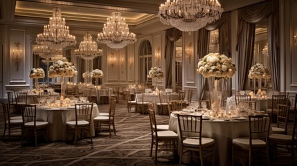 Fototapeta na wymiar An elegant ballroom with grand crystal chandeliers for formal occasions