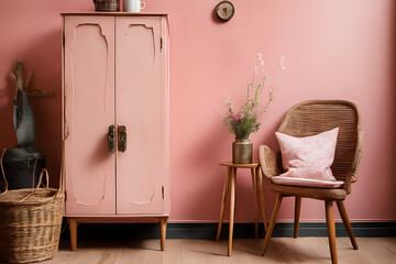 Scandinavian vintage wood cabinet with chair by a pink wall