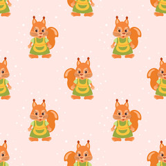 Seamless pattern, cute cartoon squirrel character wearing a housewife apron. Children's print, background, textile. Vector