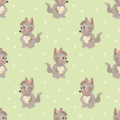 Seamless pattern, cute cartoon wolf cub with a bouquet of flowers. Children's print, background, textile. Vector