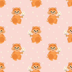 Seamless pattern, cute cartoon chipmunk, hamster with a bouquet of flowers. Children's print, background, textile. Vector