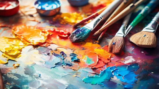 Colorful palette of oil paints and brushes