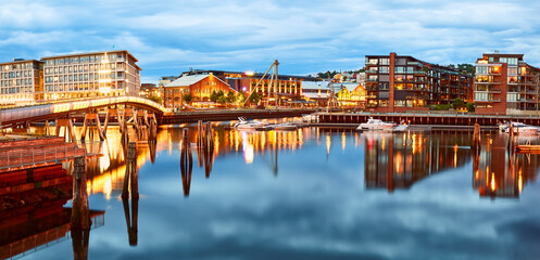 Summer night over the Nidelva river and Verftsbrua (Blomsterbrua) in Trondheim, Norway