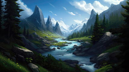 Fototapeta na wymiar Fantasy landscape with mountain river and forest. Digital painting illustration