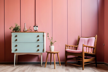 Scandinavian vintage wood cabinet and retro vases with chair by a pink wall