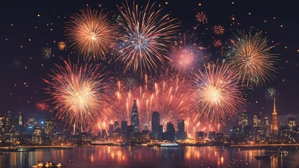 Fototapeta na wymiar a city skyline with fireworks in the sky