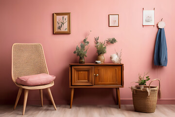 Scandinavian vintage wood cabinet and frame mockups with chair by a pink wall
