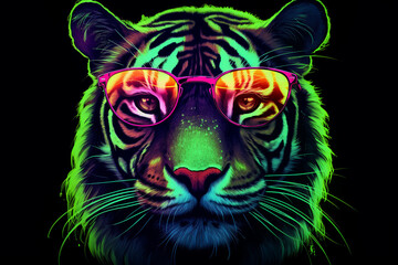 cute tiger wearing glasses combination of neon lights, black background ,  3d rendering, AI generative 