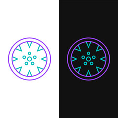 Line Alloy wheel for a car icon isolated on white and black background. Colorful outline concept. Vector