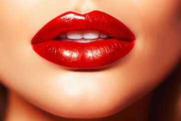 Passionate red lips close up. Beautiful perfect makeup - cosmetic beauty procedures. Sexy woman red lips - obrazy, fototapety, plakaty
