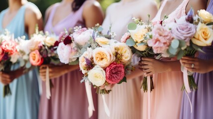 Bridesmaids holding colorful bouquets