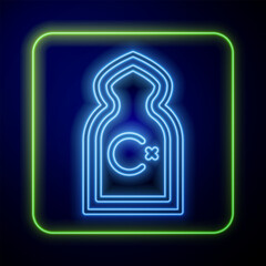Glowing neon Muslim Mosque icon isolated on blue background. Vector