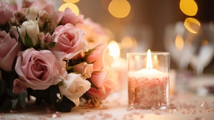 Wedding table centerpiece with candles and roses - obrazy, fototapety, plakaty