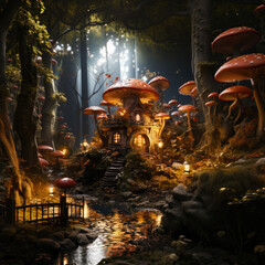 Miniature fairy house in amanita muscaria mushroom. Fairy tale mushroom house in the middle of a magical forest