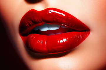 Passionate red lips close up. Beautiful perfect makeup - cosmetic beauty procedures. Sexy woman red lips - obrazy, fototapety, plakaty