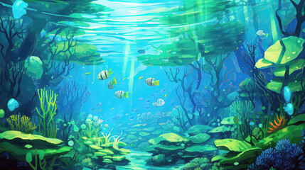 Fototapeta na wymiar Underwater scene with fishes and corals. Vector illustration