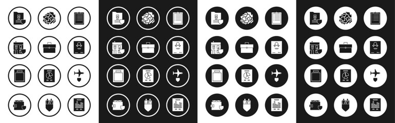 Set Clipboard with checklist, Briefcase, House shield, Document, Certificate template, Crumpled paper ball, Plane and Empty form icon. Vector