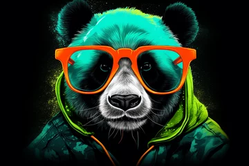 Foto op Canvas cute panda wearing glasses combination of neon lights, black background, 3d rendering, AI generative  © Salawati