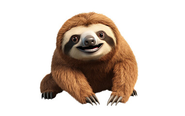 Smiling Brown Sloth 3D Cartoon Render Isolated on Transparent Background PNG.