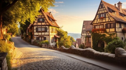 Fototapeta na wymiar A road through a charming European village at sunrise