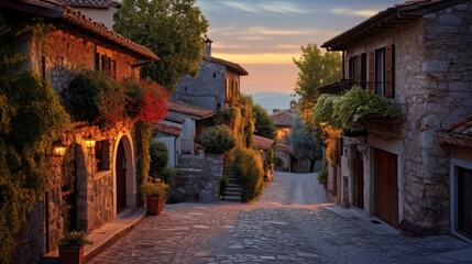 A road through a charming European village at dusk