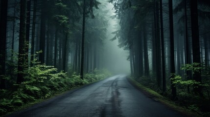 Fototapeta premium A road through a mystical, mist-shrouded forest
