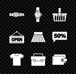 Set Leather belt, Wrist watch, Shopping basket, T-shirt, Briefcase, Wallet, Hanging sign with Open and Skirt icon. Vector